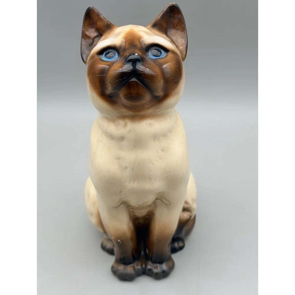 Vintage Siamese Cat Figurine Japan Blue Eyes Ceramic Mid Century 10